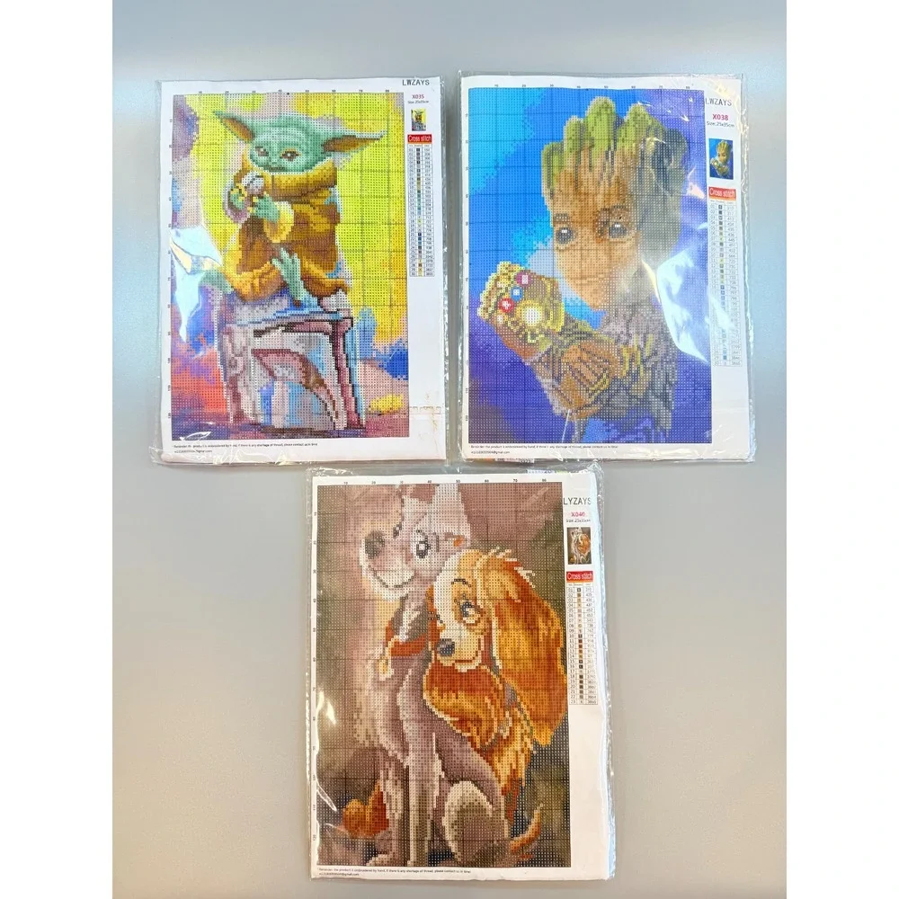 LWZAYS Cross Stitch Kit Baby Groot Yoda Lady & Tramp 25x35cm X035 X038 X040 New